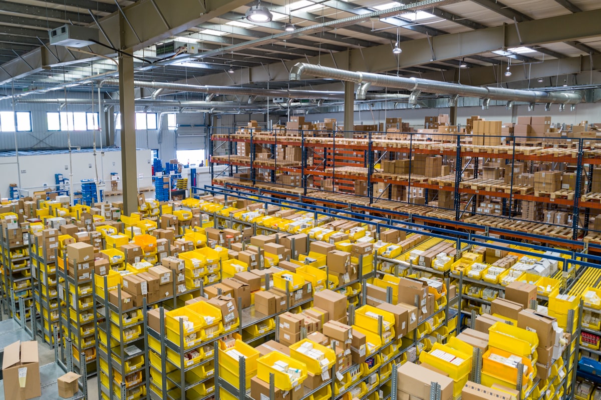 Industrial packaging and logistics warehouse storing canned food export cartons